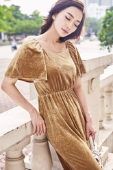 Velvet midi dress with flutter sleeves and ruched waist for graceful everyday elegance